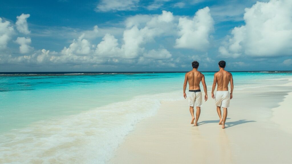 Schwules Paar am Strand einer romantischen Malediveninsel